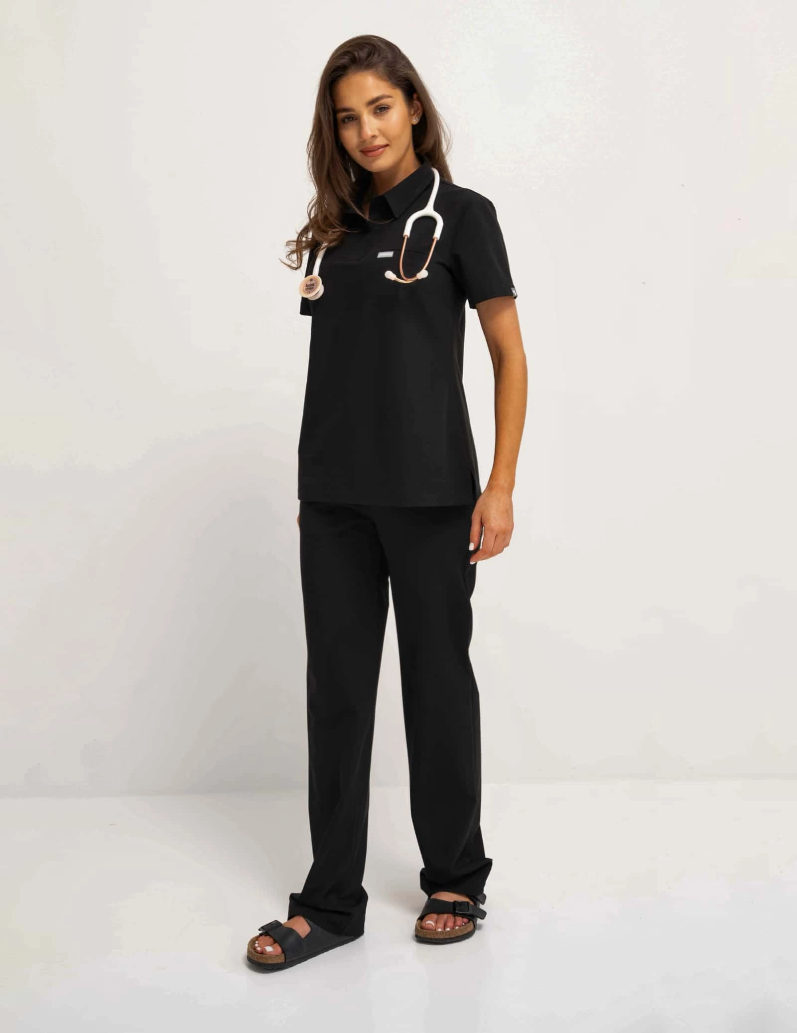 Medical Scrub Top Polo - BLACK