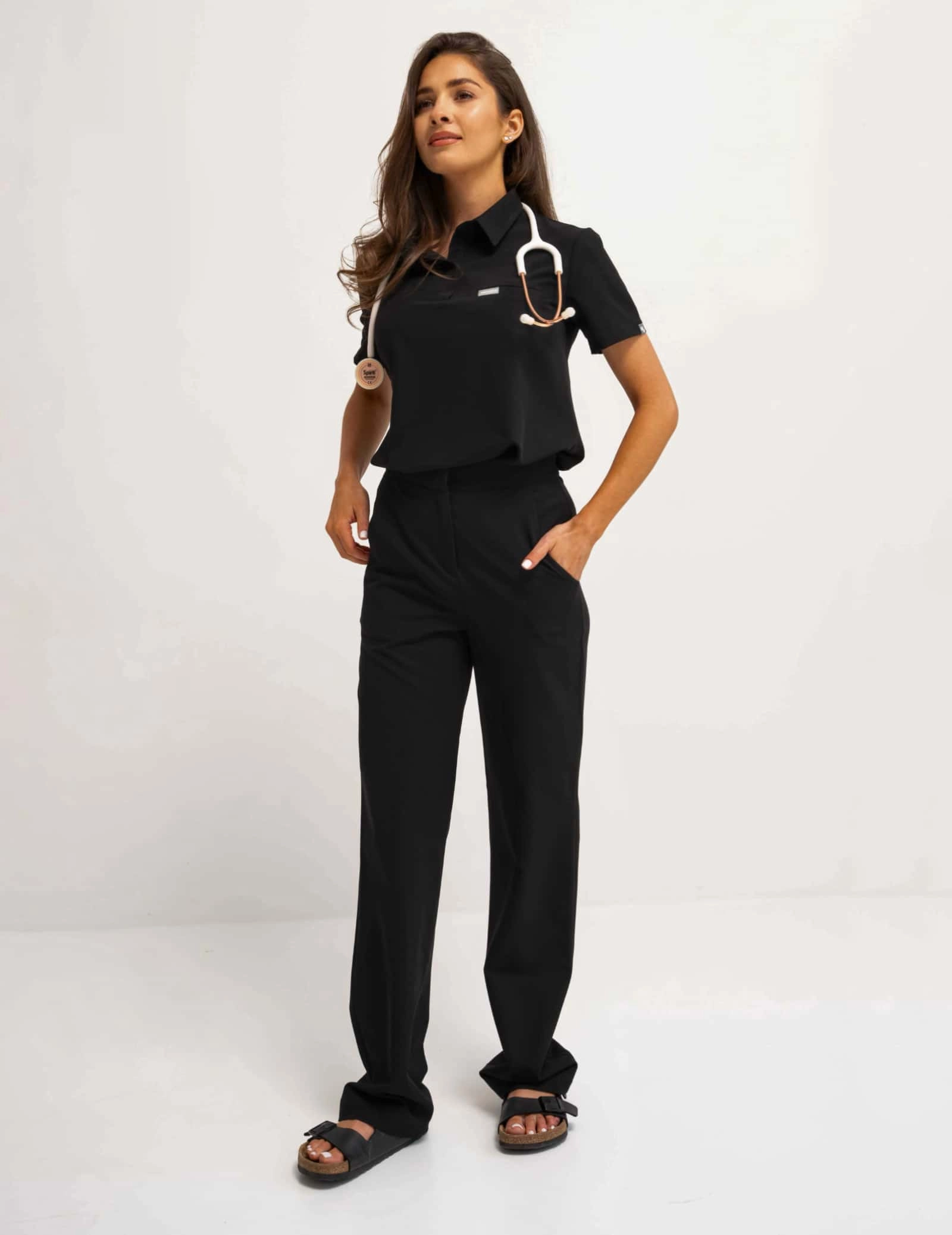 Medical Scrub Top Polo - BLACK
