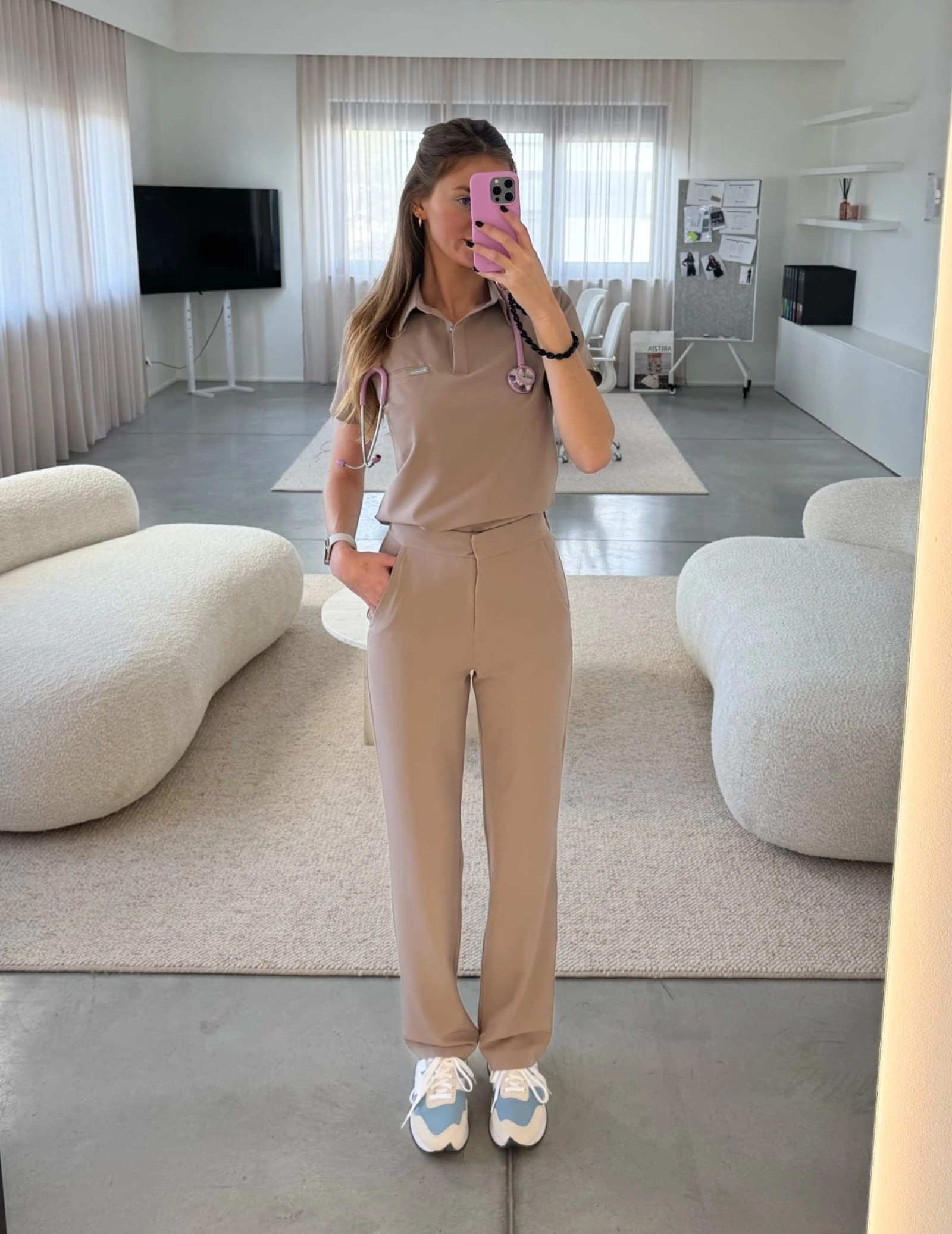 Medical Scrub Top Polo - BEIGE