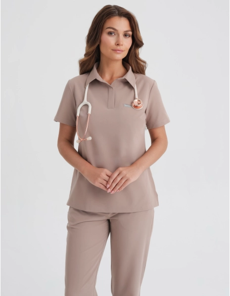 Medical Scrub Top Polo - BEIGE