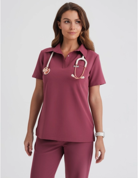 Medical Scrub Top Polo - MULLED WINE