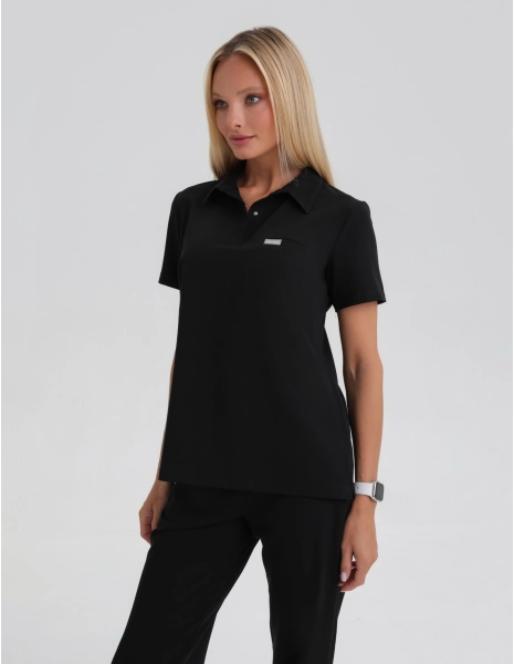 Medical Scrub Top Polo - BLACK