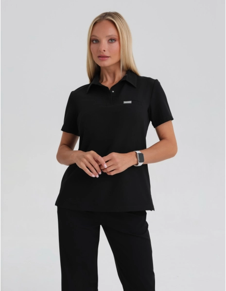 Medical Scrub Top Polo - BLACK