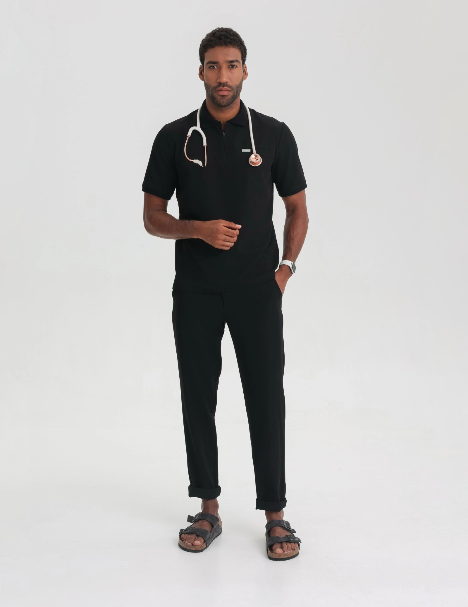 Men's Medical Polo Scrub Top - BLACK
