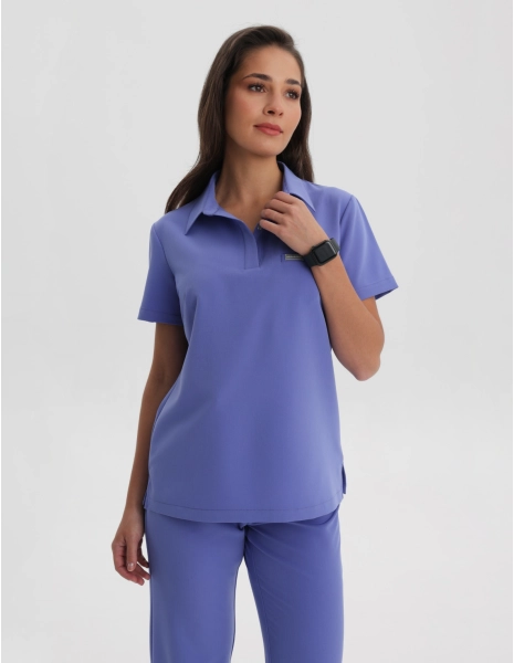 Medical Scrub Top Polo - DENIM BLUE