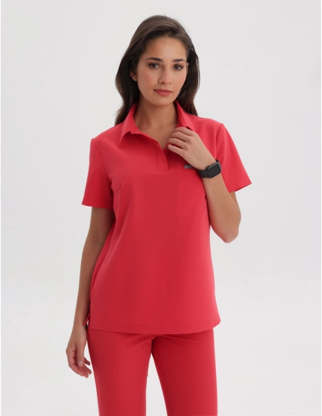 Medical Scrub Top Polo - POP RED