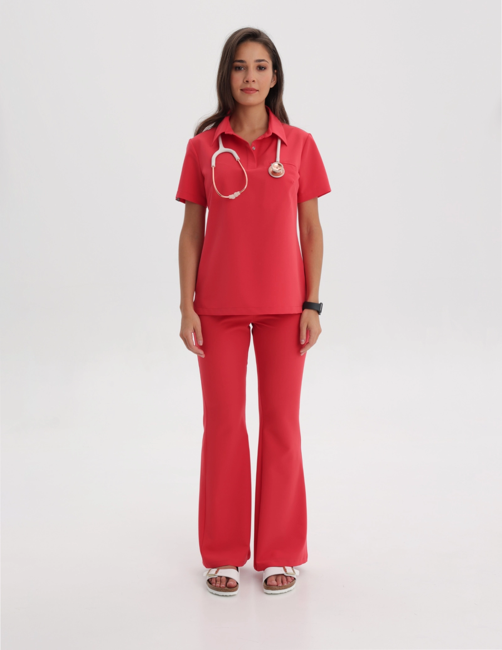 Medical Scrub Top Polo - POP RED